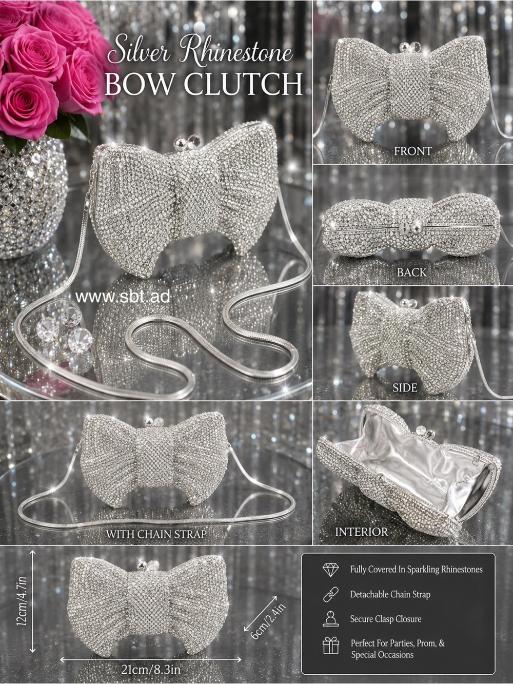 NWT Bow Clutch Purse Sparkling Bling Swarovski Crystal Rhinestone Bag Gold Pink - Picture 3 of 14